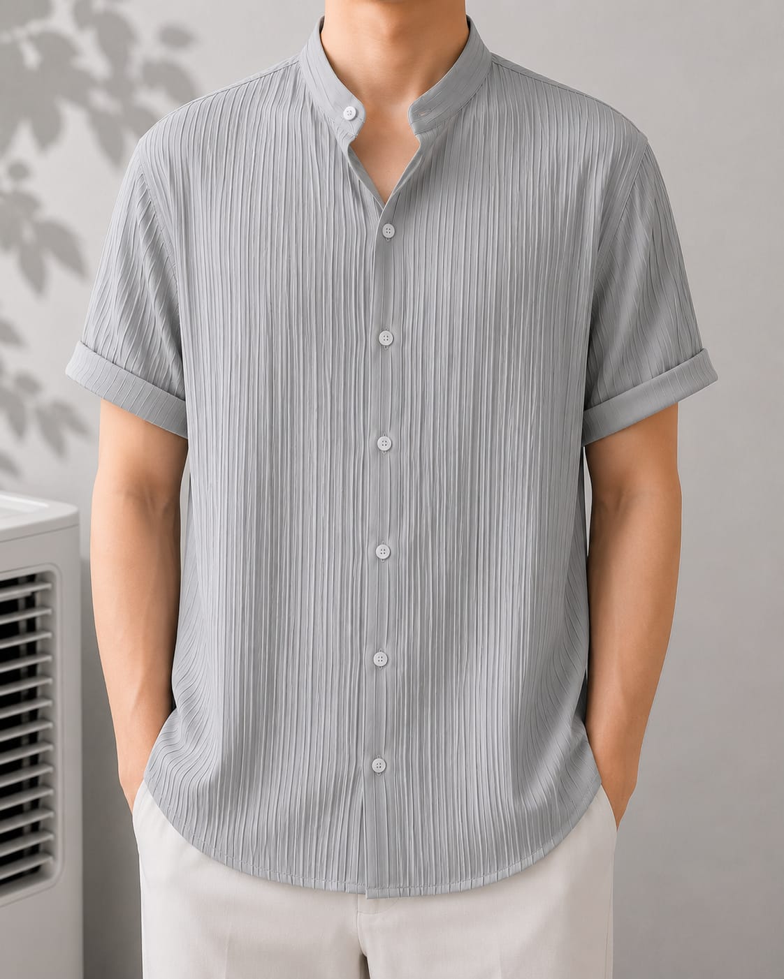 Grey Pleated Textured Short Sleeve Shirt - Stand Collar