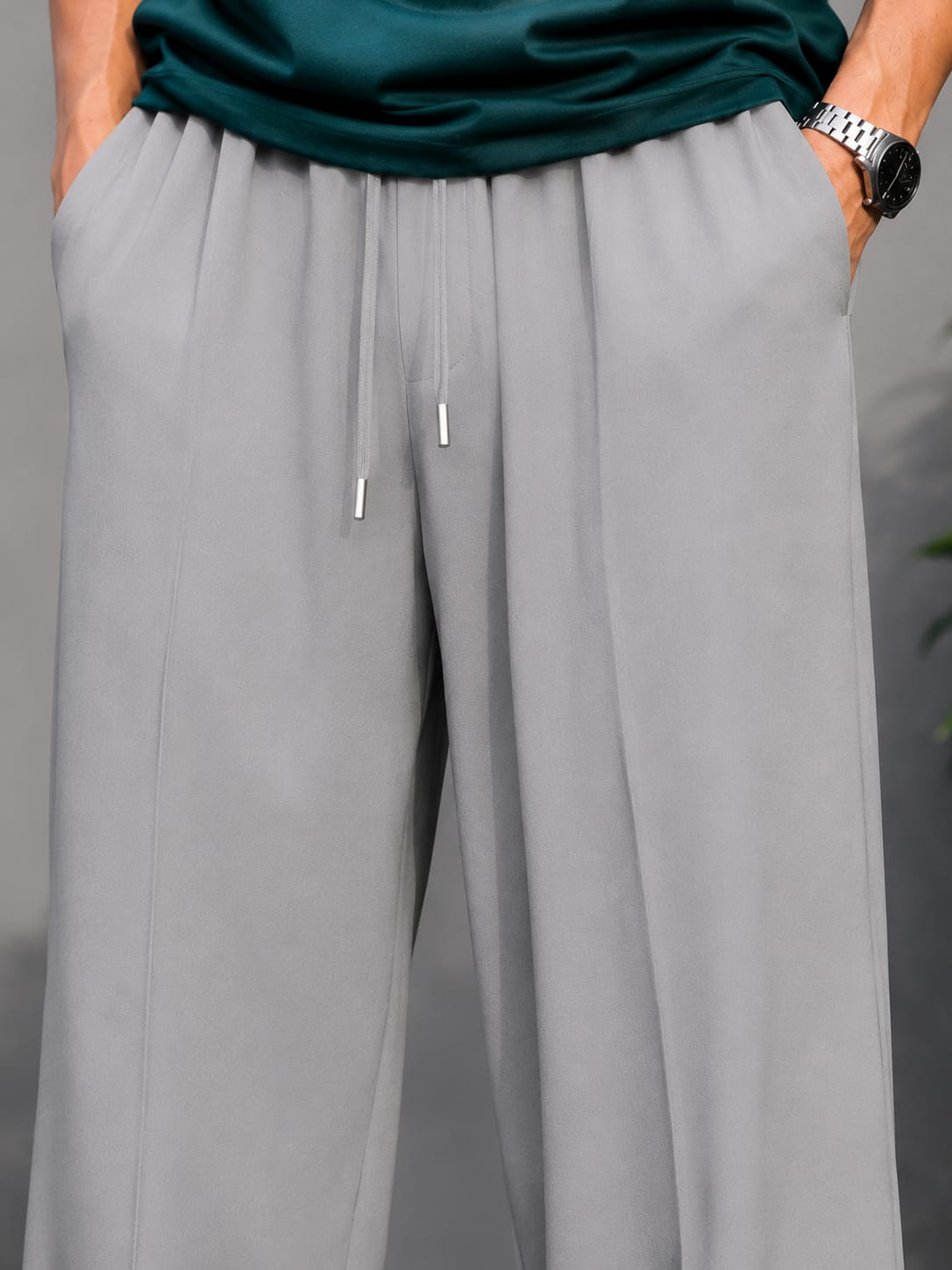Grey Wide-Leg Trousers with Drawstring Waist - Relaxed Fit