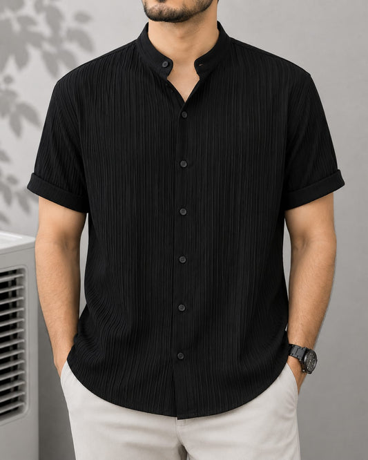 Black Pleated Textured Short Sleeve Shirt - Stand Collar