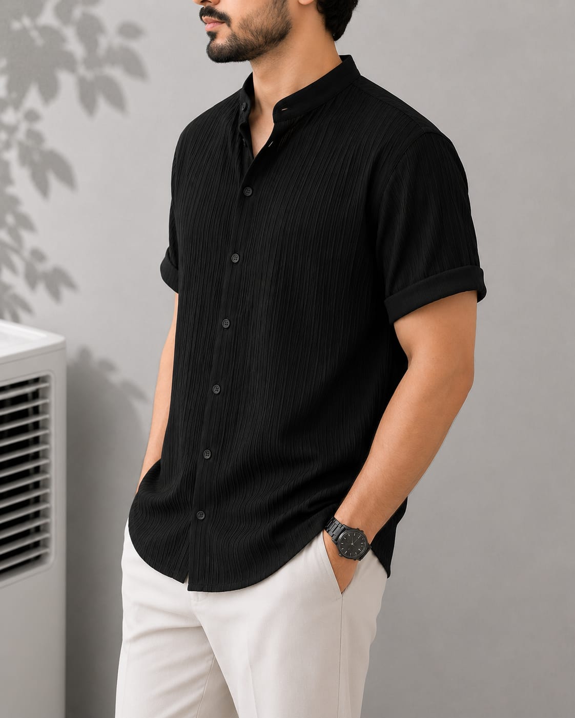 Black Pleated Textured Short Sleeve Shirt - Stand Collar
