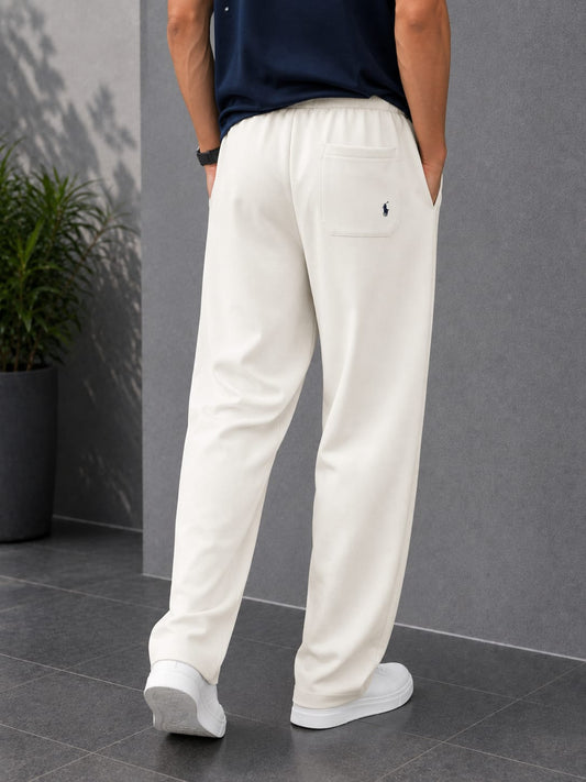 Waffle Knit White Wide-Leg Trousers with Drawstring Waist