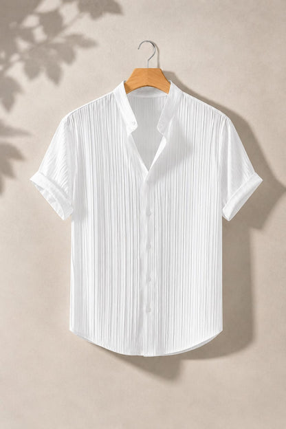 White Pleated Textured Short Sleeve Shirt - Stand Collar