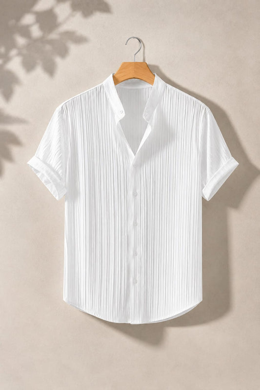 White Pleated Textured Short Sleeve Shirt - Stand Collar