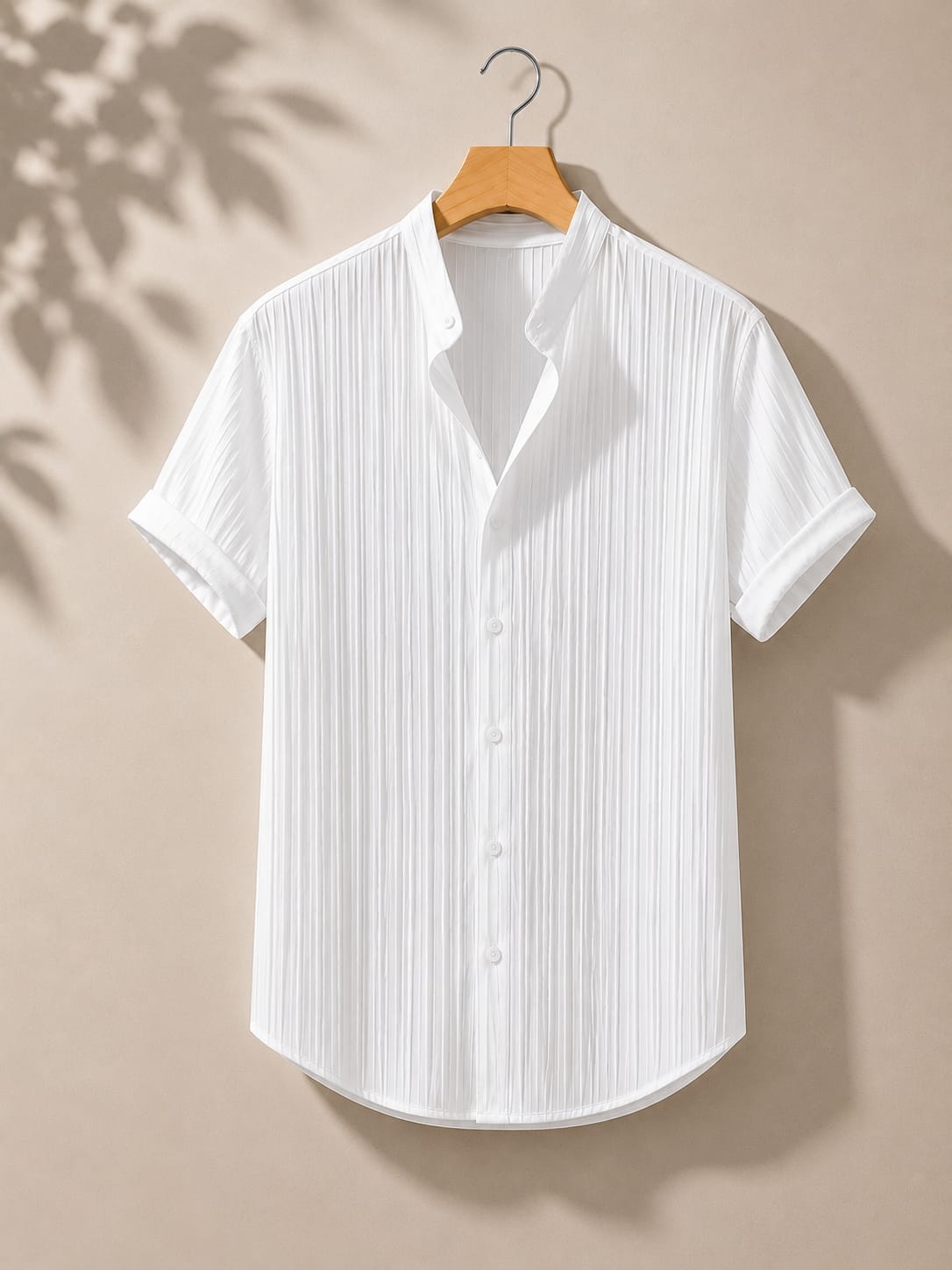 White Pleated Textured Short Sleeve Shirt - Stand Collar