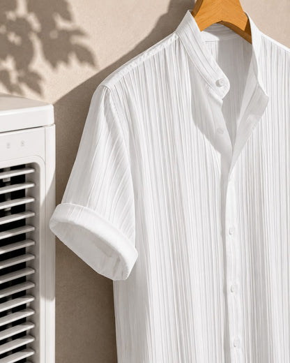 White Pleated Textured Short Sleeve Shirt - Stand Collar