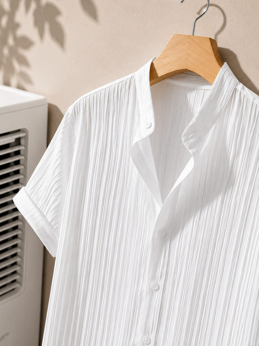 White Pleated Textured Short Sleeve Shirt - Stand Collar