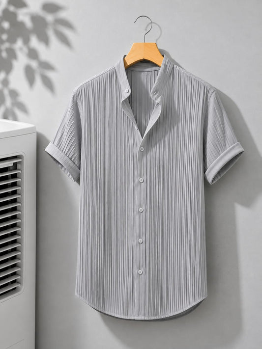 Grey Pleated Textured Short Sleeve Shirt - Stand Collar