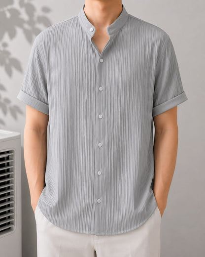 Grey Pleated Textured Short Sleeve Shirt - Stand Collar