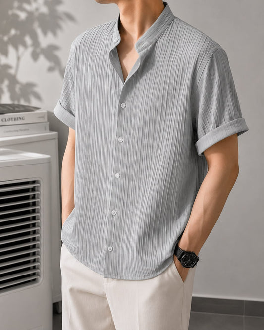 Grey Pleated Textured Short Sleeve Shirt - Stand Collar
