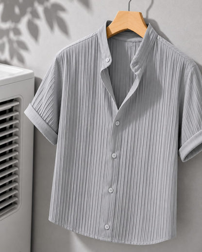 Grey Pleated Textured Short Sleeve Shirt - Stand Collar