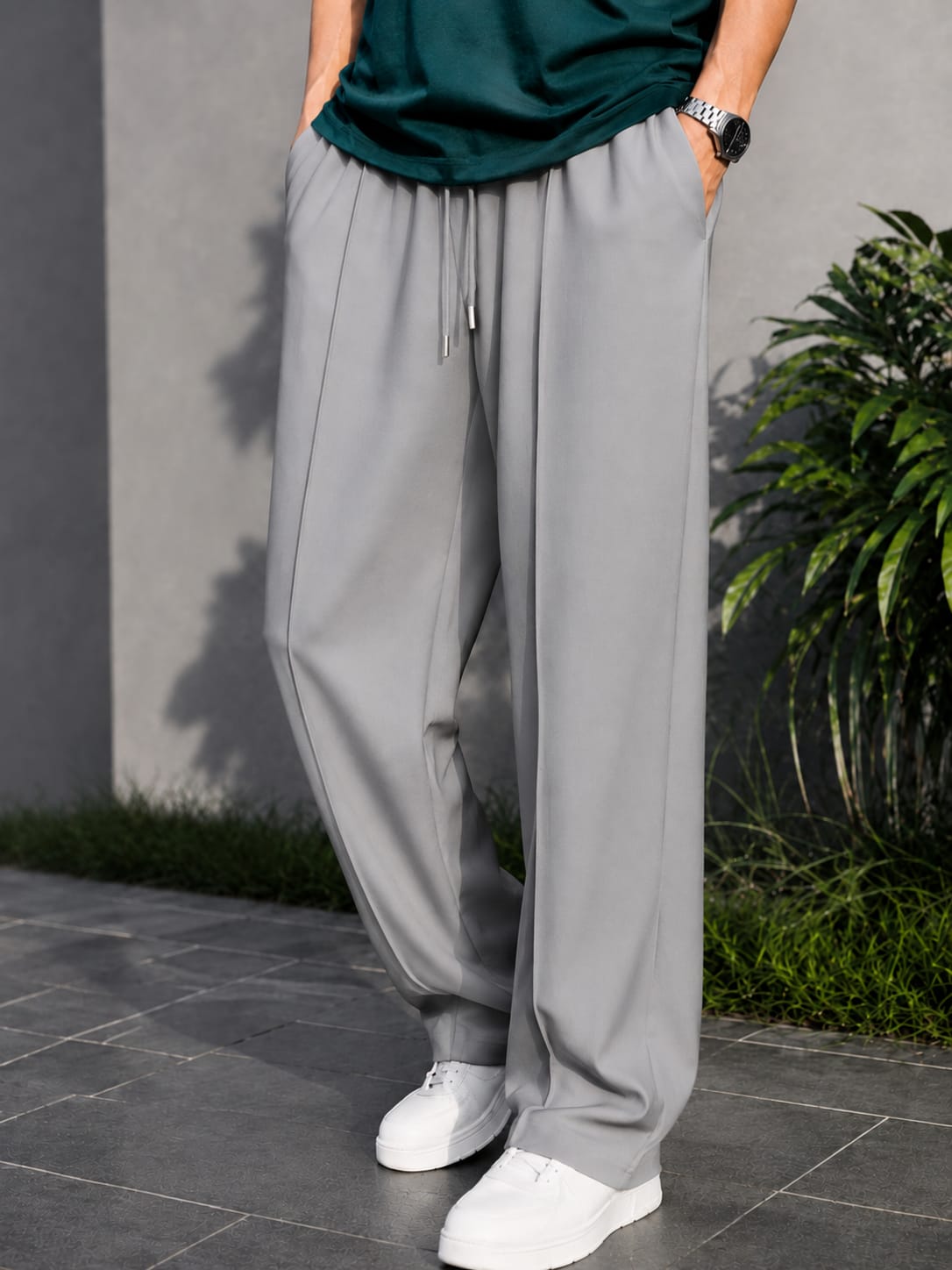 Grey Wide-Leg Trousers with Drawstring Waist - Relaxed Fit