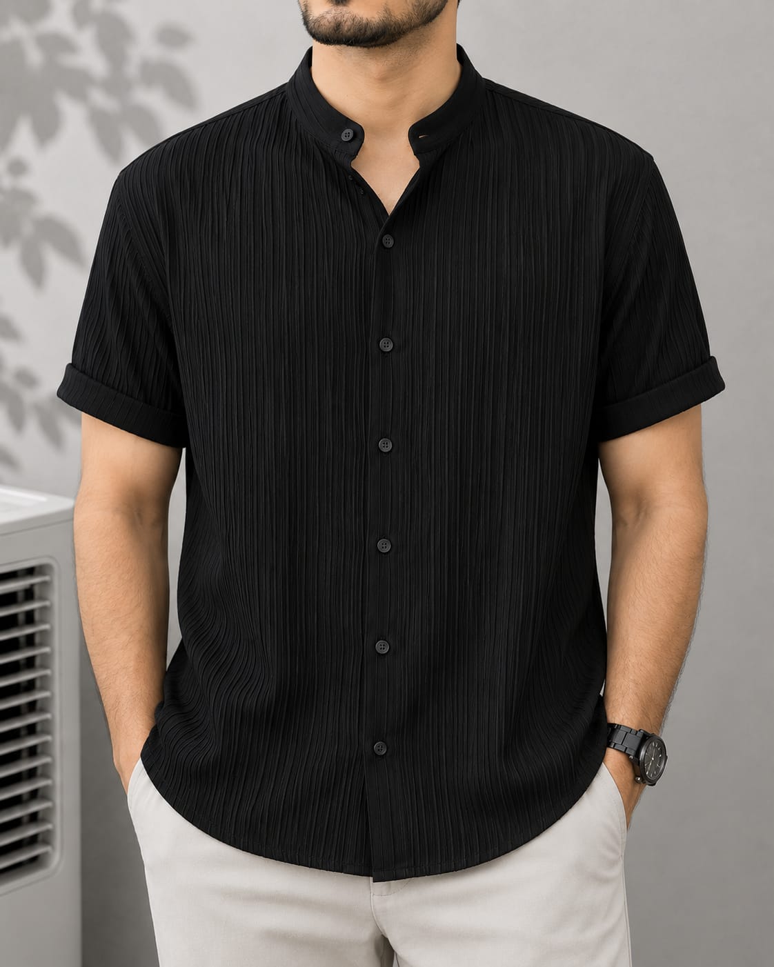 Black Pleated Textured Short Sleeve Shirt - Stand Collar