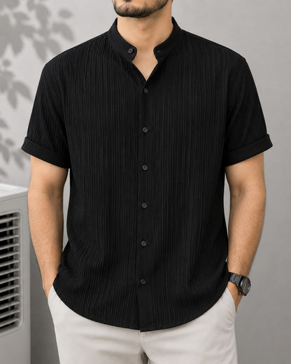 Black Pleated Textured Short Sleeve Shirt - Stand Collar