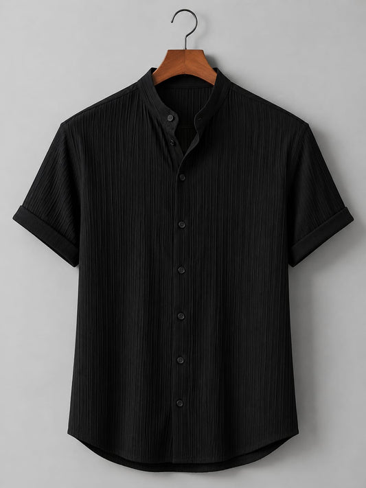 Black Pleated Textured Short Sleeve Shirt - Stand Collar