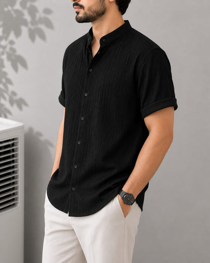 Black Pleated Textured Short Sleeve Shirt - Stand Collar