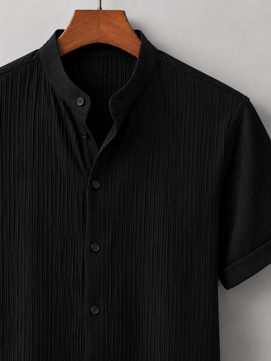 Black Pleated Textured Short Sleeve Shirt - Stand Collar