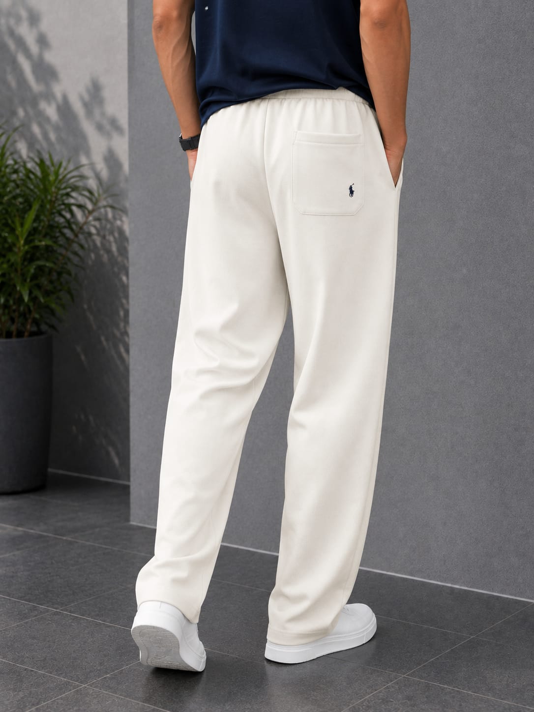 Waffle Knit White Wide-Leg Trousers with Drawstring Waist