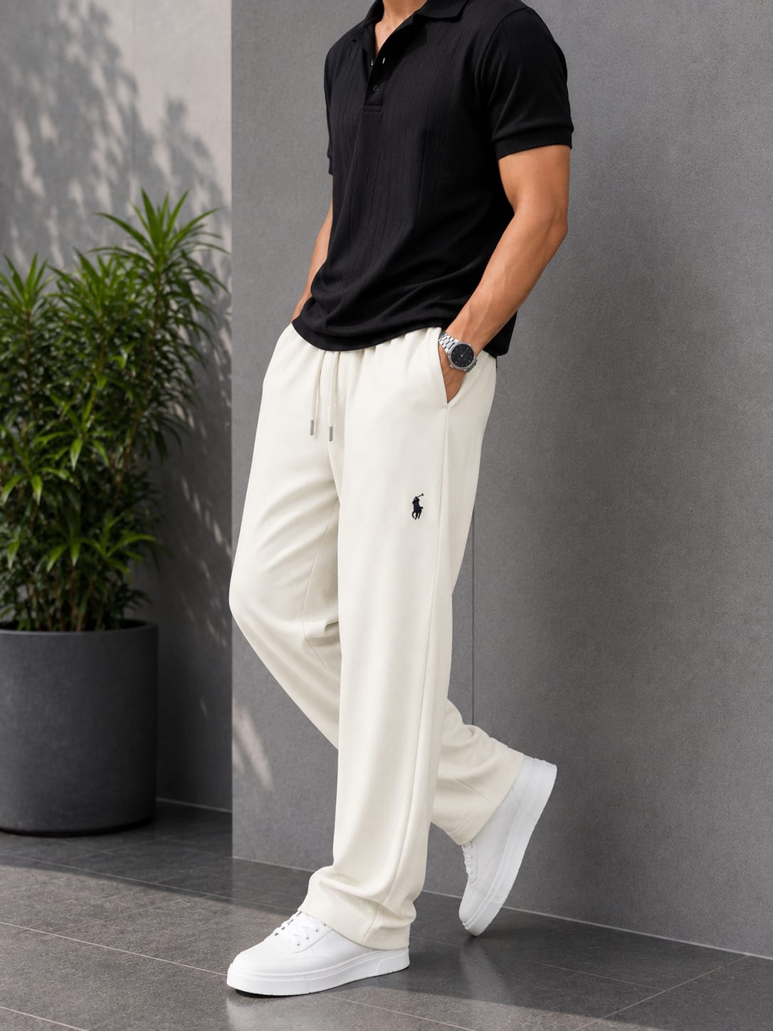 Waffle Knit White Wide-Leg Trousers with Drawstring Waist